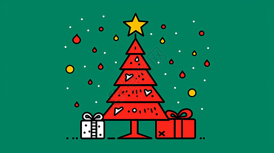 礼物盒线条绿色背景上红色喜庆简约卡通圣诞树插画