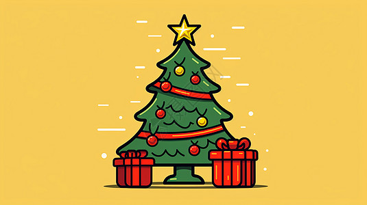 礼物盒线条黄色背景上简约可爱的卡通圣诞树插画