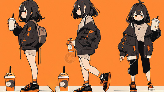 橙色背景上拿着饮料的可爱卡通女孩多角度图片