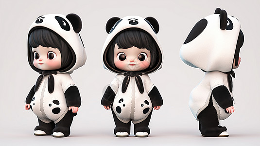穿着熊猫玩偶服装的可爱卡通小女孩多角度图片