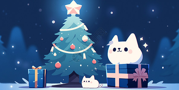 圣诞节猫有发光星星的卡通圣诞树与礼物盒宠物卡通猫插画