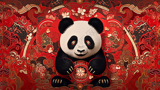 抱着红色花朵纹理喜庆的卡通大熊猫图片