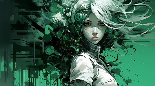赛博朋克插画科幻的卡通长发女孩绿色背景背景图片