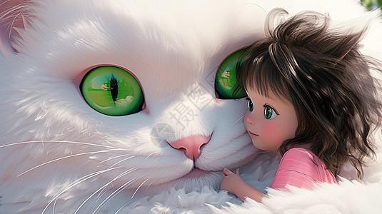巨型白色大猫抱着穿粉色衣服的卡通小女孩背景图片