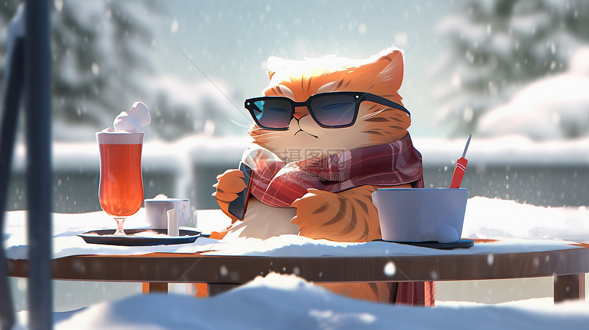 冬天大雪中围着围巾看手机的卡通肥猫图片