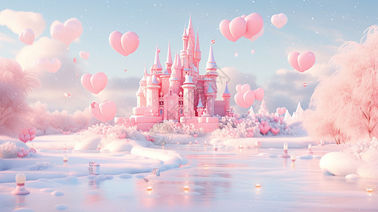 冬天立体粉色复古卡通城堡在小河边图片