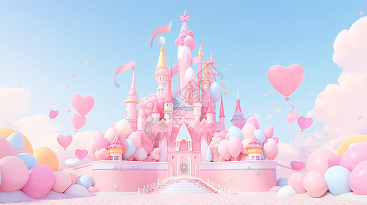 粉色梦幻的卡通城堡与气球图片