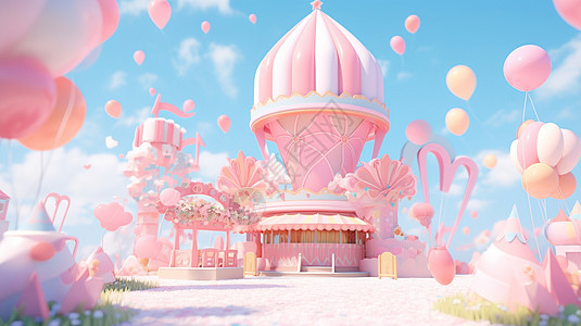 节日氛围十足的梦幻粉色卡通城堡背景图片