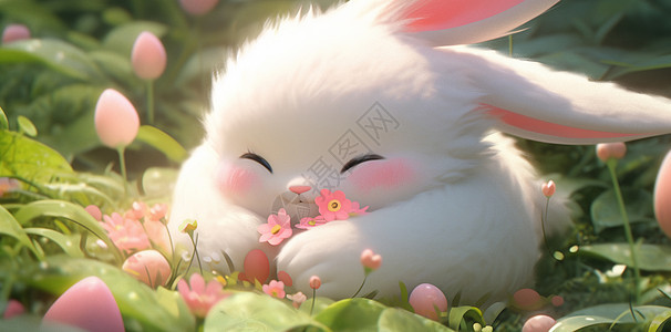 抱着粉色小花开心笑的白色卡通小白兔背景图片