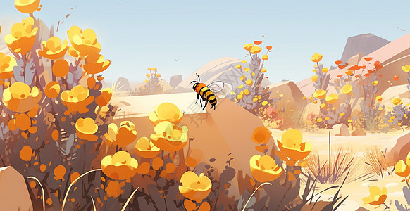 一只可爱的卡通小蜜蜂飞在花丛中背景图片