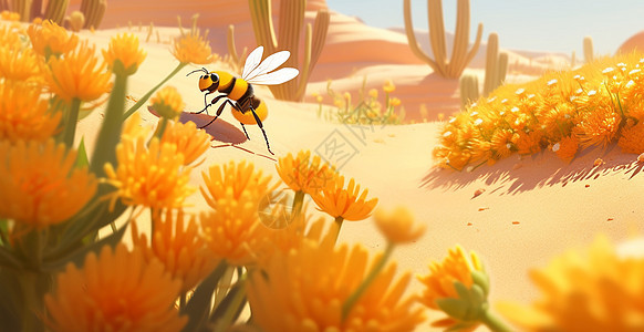 在开满花朵的沙漠中一只可爱的卡通小蜜蜂背景图片