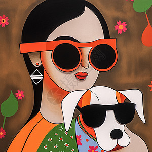 戴着墨镜的时尚卡通女人与宠物狗图片
