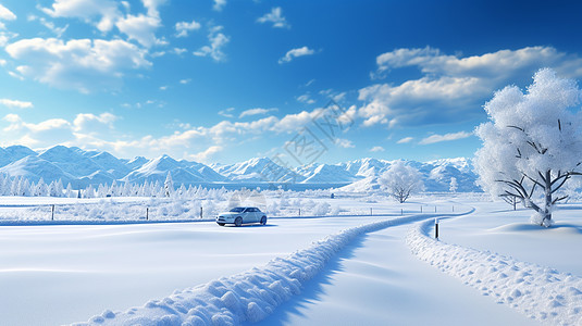 冬天雪后小小的卡通汽车行驶在野外图片