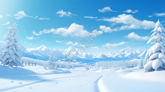 冬天行驶在户外森林雪地中的卡通高清图片