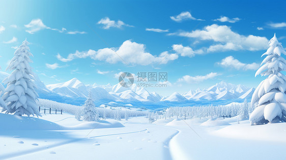 冬天行驶在户外森林雪地中的卡通图片