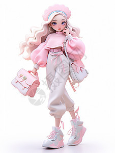 穿粉色毛衣手提着包时尚漂亮的年轻卡通女孩图片