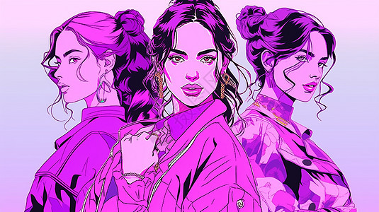 紫色调三个时尚复古的年轻卡通女人背景图片