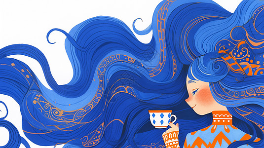 蓝色长发可爱的卡通小在喝咖啡图片