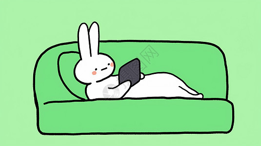 躺在绿色上看手机的卡通小白兔图片