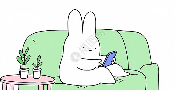 坐在绿色上看手机的肥胖卡通小白兔图片