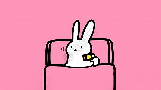 粉色背景上简约的卡通小白兔坐在床上看手机图片