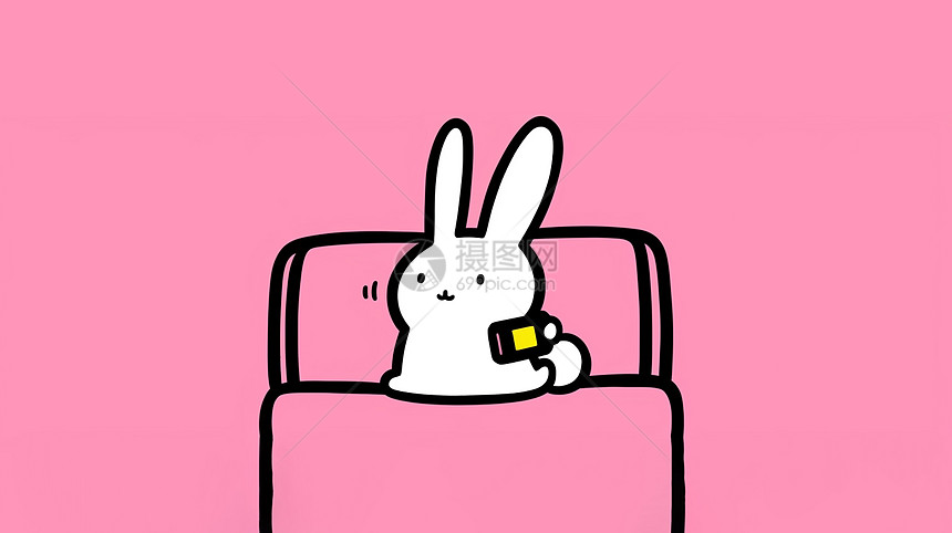 粉色背景上简约的卡通小白兔坐在床上看手机图片