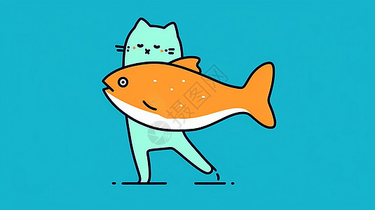 绿色小猫与橙色卡通鱼图片