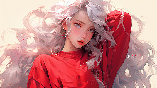 穿红色毛衣白色长发漂亮的卡通女孩图片