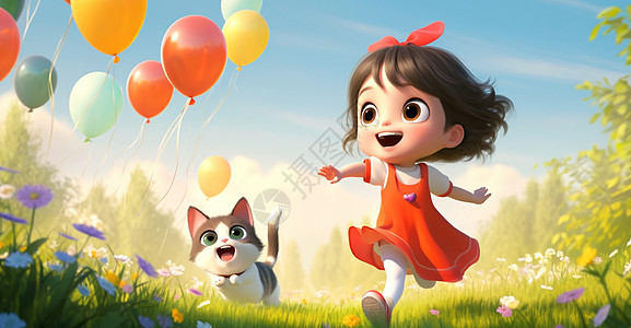 穿红色裙子的卡通小女孩与卡通猫一起奔跑在草地上图片