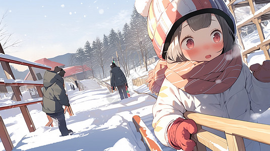 在雪地中小心走路的的卡通小女孩背景图片