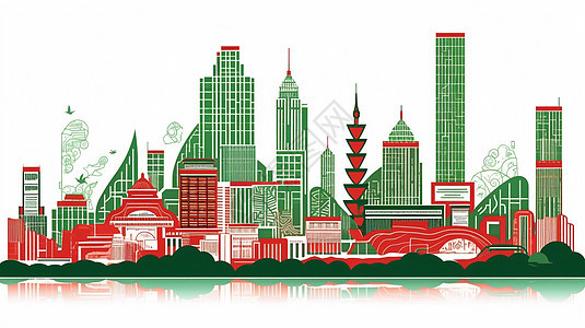 扁平风时尚绿色的卡通城市背景图片