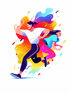 运动炫彩开心奔跑运动的扁平风男青年与女青年扁平风插画