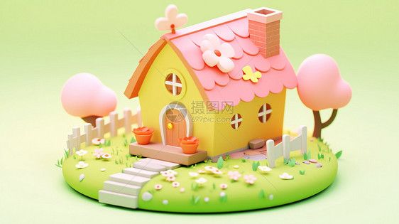 房顶上有小花的可爱卡通小屋图片