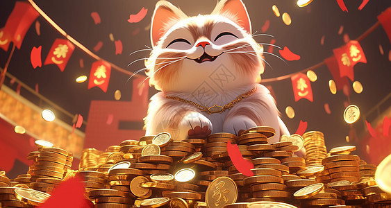 站在金币堆上可爱的卡通招财猫图片