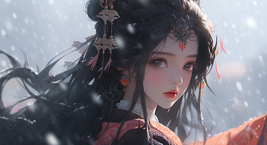 风雪中黑色长发漂亮的卡通小公主图片