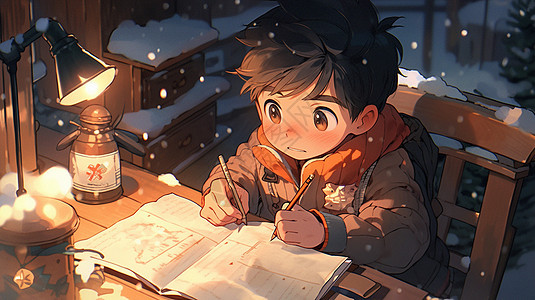 寒冷的冬天趴在台灯下写作业的卡通小男孩图片