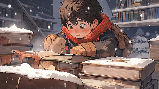 冬天戴着红色围巾开心看书的卡通男孩图片