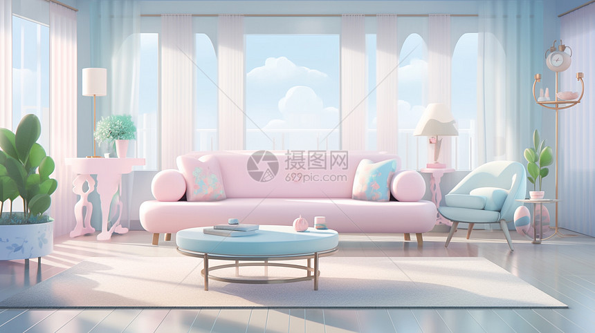 简约时尚的卡通客厅有粉色沙发和淡蓝色沙发图片