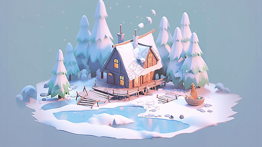 冬天被高高的树围绕的可爱卡通小房子图片