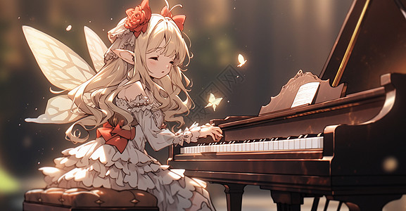 坐在钢琴旁弹钢琴的可爱卡通小精灵图片