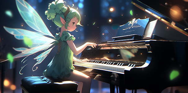在舞台上弹钢琴穿绿色裙子的卡通蝴蝶仙子图片