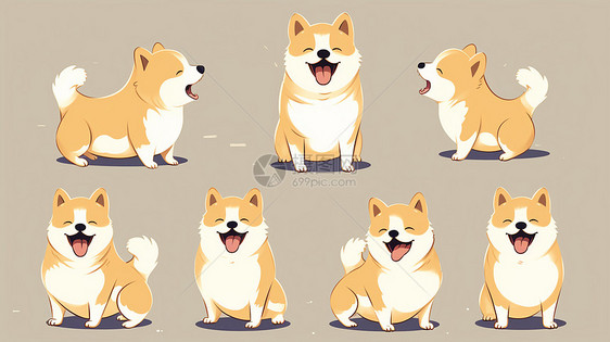 开心笑的可爱卡通小黄狗多个动作与表情图片