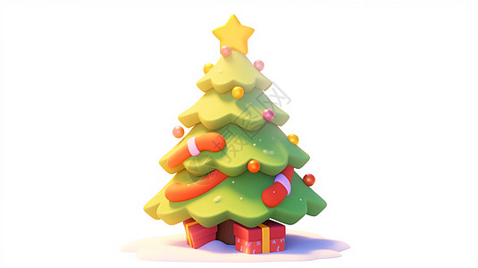 树下放着红色礼物盒的立体卡通圣诞树图片