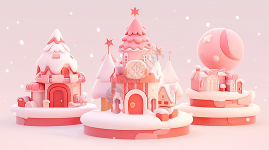 冬天雪后立体精致的三个圣诞卡通小房子图片