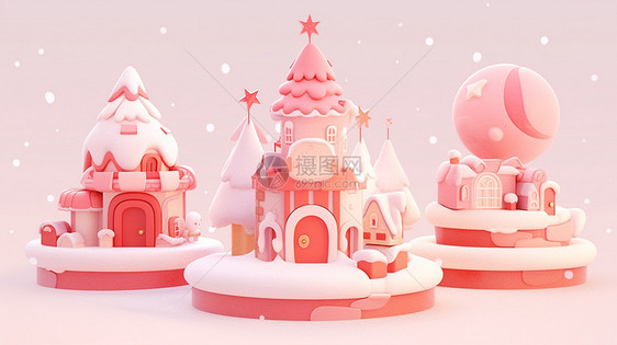 冬天雪后立体精致的三个圣诞卡通小房子图片