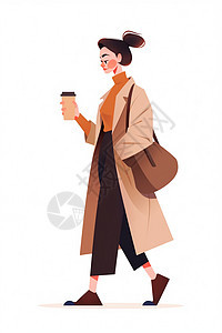 穿着风衣端着走路的时尚卡通女人背景图片