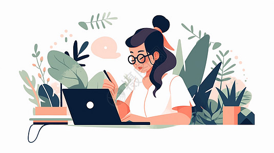戴着黑框眼镜坐在电脑前办公的扁平风卡通女孩背景图片