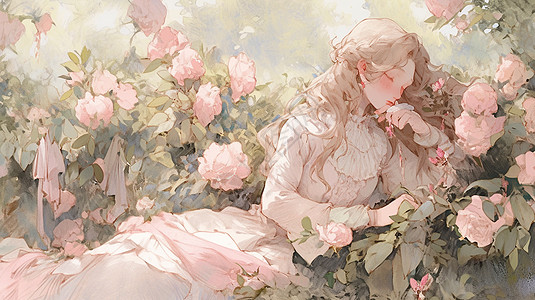 躺在粉色花丛中复古优雅的卡通长发女孩图片