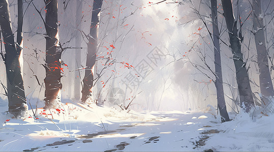冬天雪后唯美的卡通森林风景背景图片