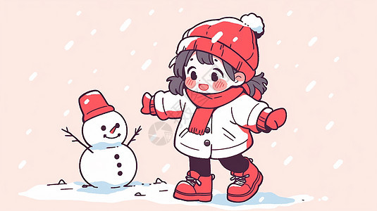 大雪中与小雪人一起玩耍的可爱卡通小女孩图片